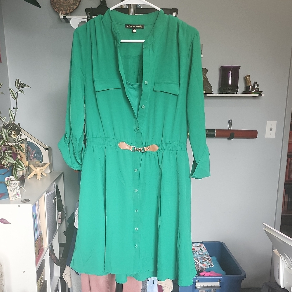 Avenue Dottie Green Long Sleeve Button-Front Shirt Dress